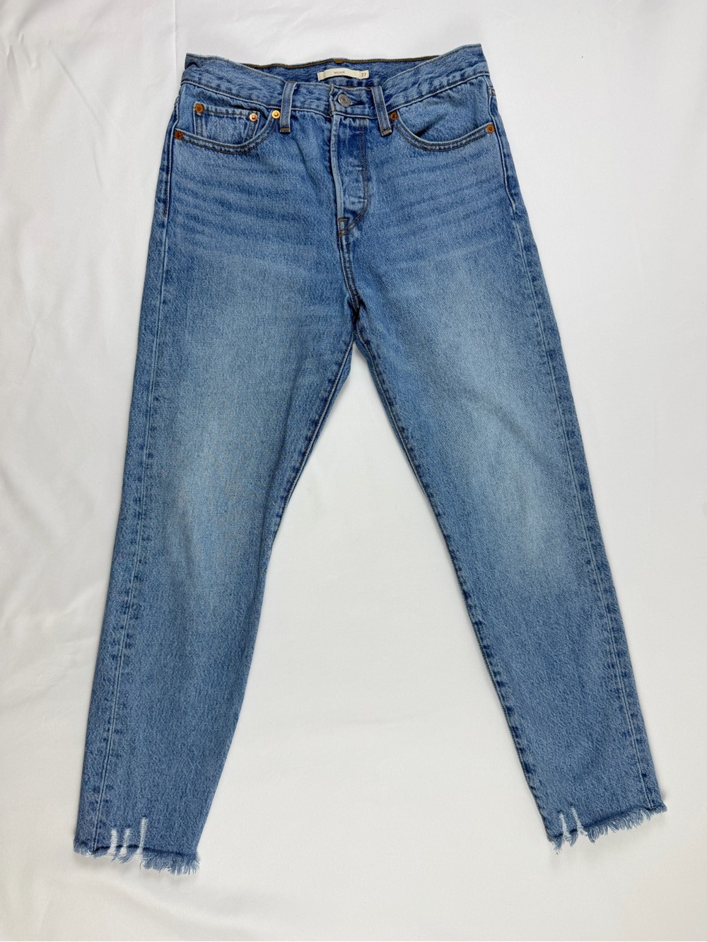 Levi’s Premium Wedgie Jeans 27 High Rise Straight Raw Hem Blue Denim